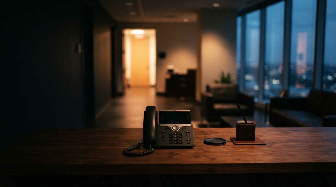 A phone on an empty reception counter at dusk.